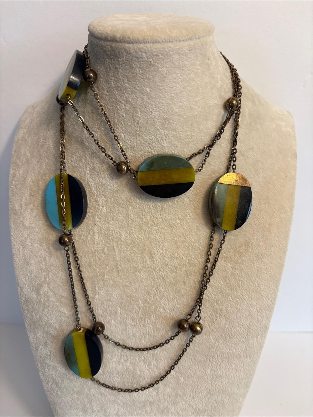 Layered Acrylic Statement Necklace Teal Yellow Black Color block Double Strand